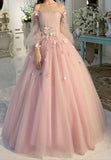 LTP1016,Long Sleeve Prom Dresses, Pearl Pink Ball Gown Long Floral Fairy Prom HZ0307