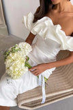 Puffy Cloud Off The Shoulder Tea Length Tight Elegant White Party Dresses Summer Homecoming Dresses After Party Wedding HZ0307