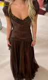 Elegant Brown Mermaid Chiffon Prom Dresses Beaded Evening Party HZ0307