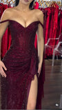 Elegant Burgundy Sheath Long Prom Dresses Glitter Tulle Off-shoulder Evening Dresses with HZ0307