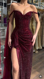 Elegant Burgundy Sheath Long Prom Dresses Glitter Tulle Off-shoulder Evening Dresses with HZ0307