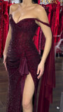 Elegant Burgundy Sheath Long Prom Dresses Glitter Tulle Off-shoulder Evening Dresses with HZ0307