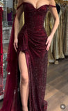 Elegant Burgundy Sheath Long Prom Dresses Glitter Tulle Off-shoulder Evening Dresses with HZ0307