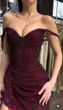 Elegant Burgundy Sheath Long Prom Dresses Glitter Tulle Off-shoulder Evening Dresses with HZ0307