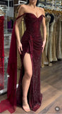 Elegant Burgundy Sheath Long Prom Dresses Glitter Tulle Off-shoulder Evening Dresses with HZ0307