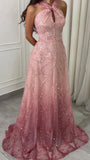 Elegant Halter Lace Prom Dresses Sleeveless Evening Party HZ0307