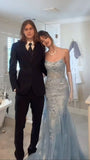 Elegant Light Blue Lace Applique Mermaid Prom Dresses Beaded Tulle Formal Party HZ0307