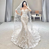 Elegant Mermaid Wedding Dresses Off The Shoulder Long Sleeves Lace Bridal HZ0307