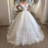 Elegant Off Shoulder Ball Wedding Dresses Lace Appliques Backless Bridal HZ0307