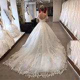 Elegant Off Shoulder Ball Wedding Dresses Lace Appliques Backless Bridal HZ0307