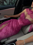 Pink Lace Mermaid Prom Dress with Slit - V-Neck Evening Party HZ0307