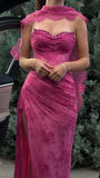 Pink Lace Mermaid Prom Dress with Slit - V-Neck Evening Party HZ0307