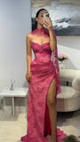 Pink Lace Mermaid Prom Dress with Slit - V-Neck Evening Party HZ0307