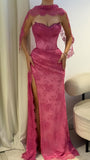 Pink Lace Mermaid Prom Dress with Slit - V-Neck Evening Party HZ0307