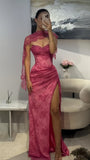 Pink Lace Mermaid Prom Dress with Slit - V-Neck Evening Party HZ0307