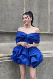 Elegant Royal Blue Bubble Off Shoulder Cheap Short Homecoming Dresses, HZ0307