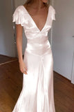 Elegant Satin V Neck Ruffles Short Sleeves Prom Dress with HZ0307