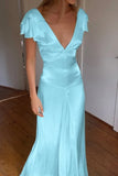 Elegant Satin V Neck Ruffles Short Sleeves Prom Dress with HZ0307