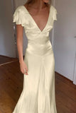 Elegant Satin V Neck Ruffles Short Sleeves Prom Dress with HZ0307