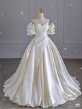 Elegant Satin Wedding Dresses Off the Shoulder A Line Puff Sleeves Bridal HZ0307