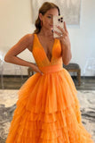 LTP1267, Elegant V Neck Layered Orange Tulle Long Prom Dresses, V Neck Orange Formal Graduation Evening HZ0307