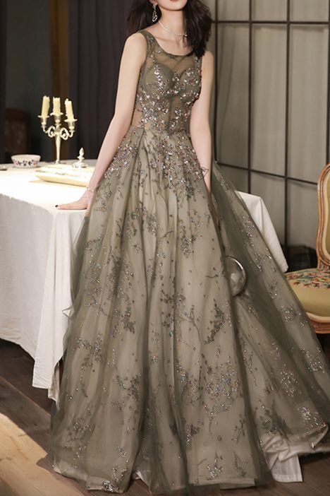 Elegant Plam Green Beaded Long Formal HZ0307