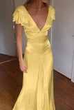 Elegant Satin V Neck Ruffles Short Sleeves Prom Dress with HZ0307
