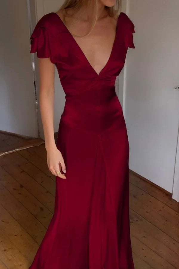 Elegant Satin V Neck Ruffles Short Sleeves Prom Dress with HZ0307