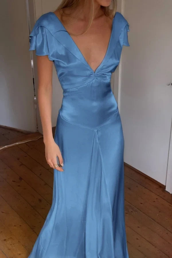 Elegant Satin V Neck Ruffles Short Sleeves Prom Dress with HZ0307