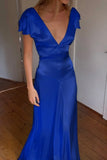 Elegant Satin V Neck Ruffles Short Sleeves Prom Dress with HZ0307