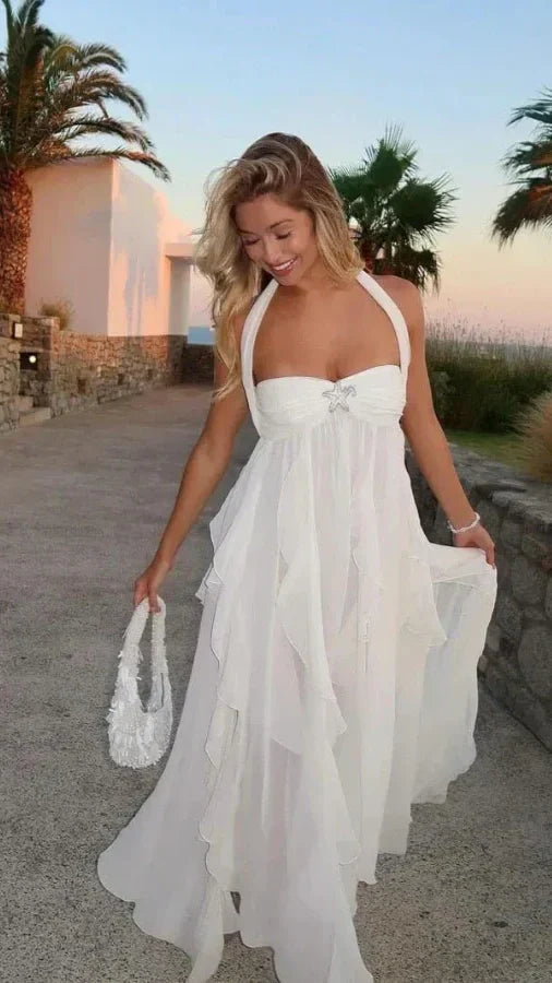 Elegant White Chiffon Party Dress Ruffle Women Prom HZ0307