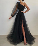LTP0209,One shoulder black tulle prom dress a line split formal gown event HZ0307