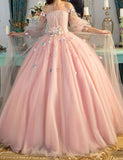 LTP1016,Long Sleeve Prom Dresses, Pearl Pink Ball Gown Long Floral Fairy Prom HZ0307