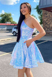 LTP1436,A-Line One Shoulder Sequined Short Homecoming Dress with HZ0307