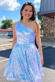 LTP1436,A-Line One Shoulder Sequined Short Homecoming Dress with HZ0307