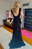Sequin Open Back Feather Long Formal Prom HZ0307