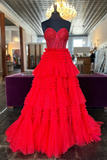 Sweetheart Red Lace Tulle Prom Formal HZ0307