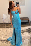 Sheath Double Straps Blue Sequins Long Prom HZ0307