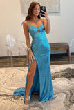 Sheath Double Straps Blue Sequins Long Prom HZ0307