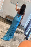 Sheath Double Straps Blue Sequins Long Prom HZ0307