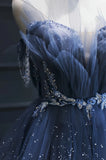 Fairy Blue Tulle Ruffle Prom Dresses V-neck Long Evening Party Dress With HZ0307