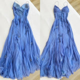 Fairy Blue Chiffon Prom Dress - Spaghetti Strap Applique Formal Gown with Flowing HZ0307