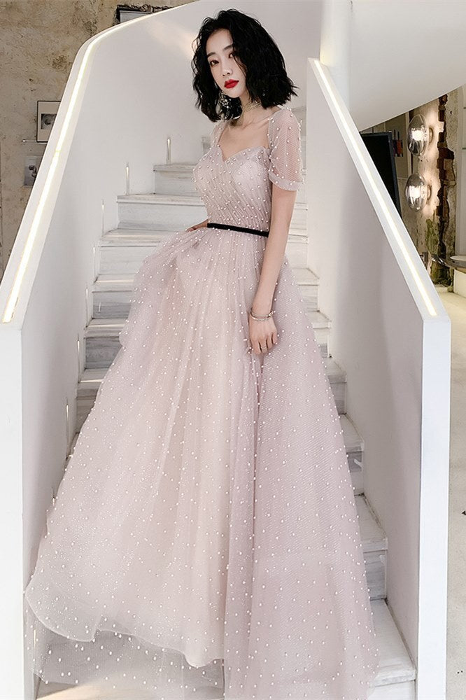 Fairy Off the Shoulder Pink Pearls Long Formal HZ0307