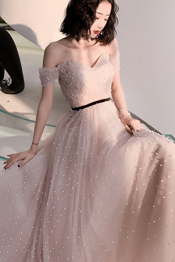 Fairy Off the Shoulder Pink Pearls Long Formal HZ0307