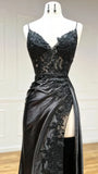 Fashion Black Spaghetti Straps Appliques Prom Dresses Long Evening Party Dress With HZ0307