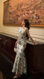 Fashion Floral Blue White Mermaid Prom Dresses Sleeveless Evening Party HZ0307