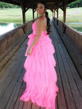 LTP1781,Unique A Line Light Pink Ruffles Layered Tulle Long Prom HZ0307