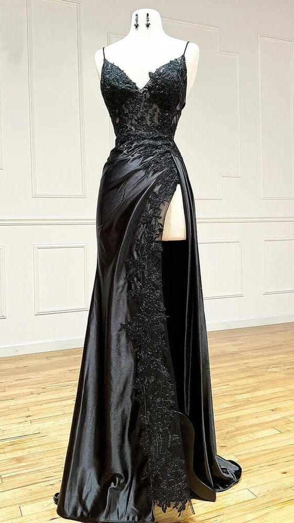 Fashion Black Spaghetti Straps Appliques Prom Dresses Long Evening Party Dress With HZ0307