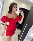 Puffy Shoulder Satin Mini Homecoming Dresses Short Party Dress, HZ0307