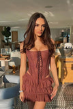 Fast Delivery Sexy Two Pieces Brown Lace Mini Homecoming Cocktail Dresses, HZ0307